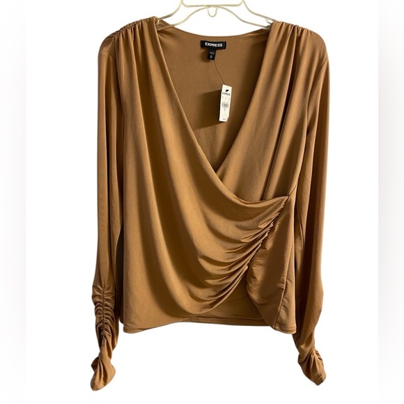 Express Blouse Crossover Deep Plunge Long Sleeve Brown Medium NWT - Picture 1 of 8